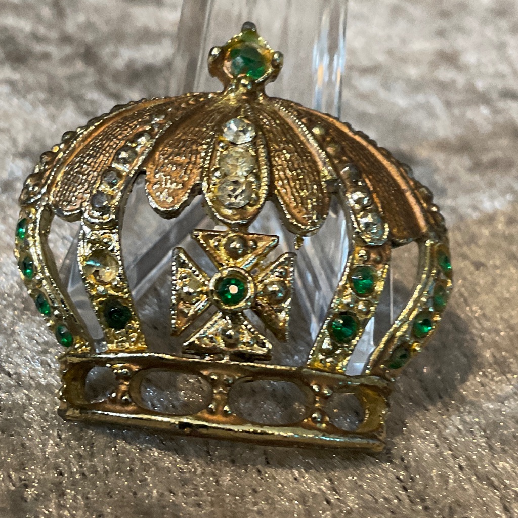 Vintage Gold Crown Pin With Green Crystals